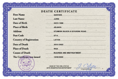 Latvia death certificate PSD template, completely editable