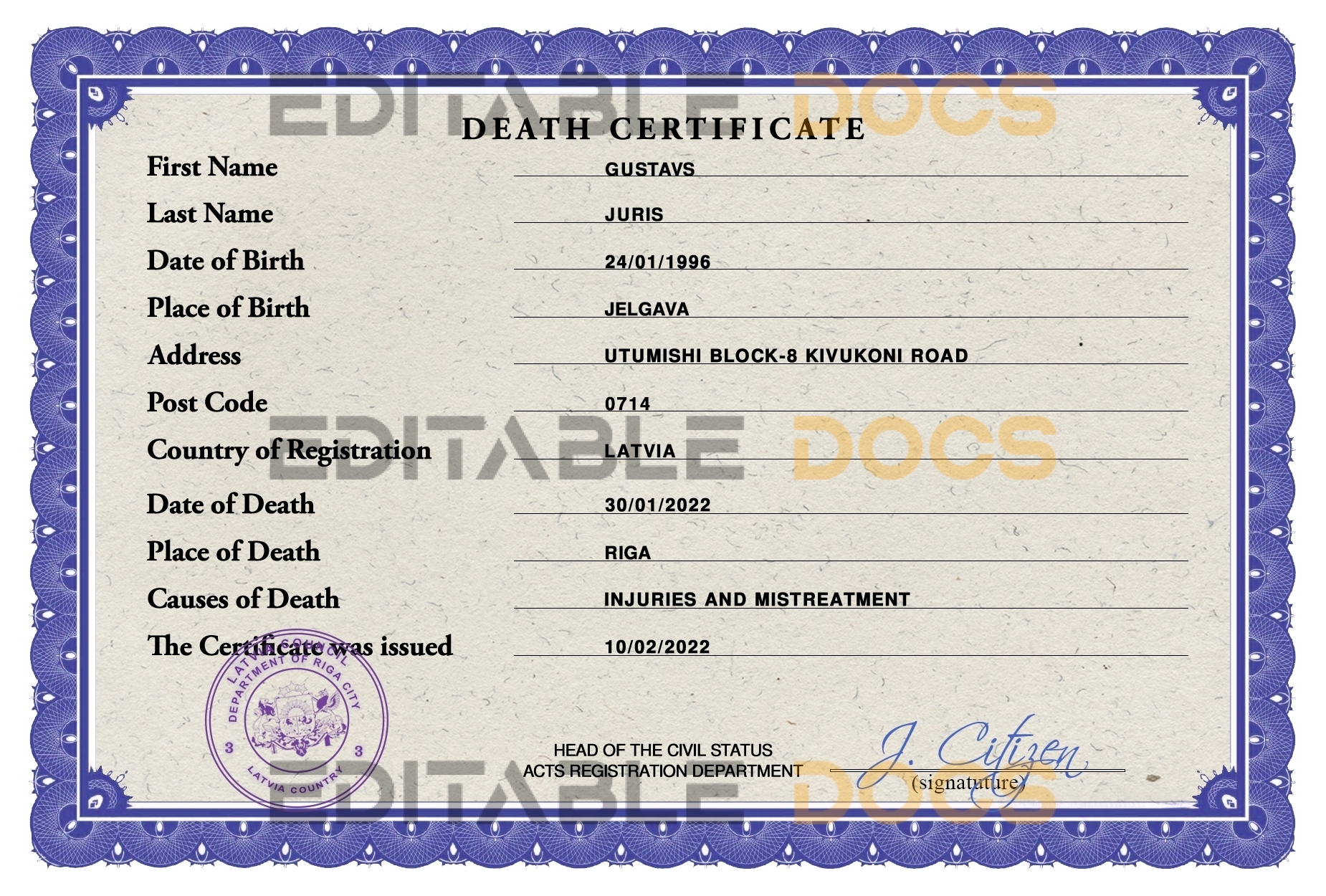 Customizable Latvia Death Certificate PSD Templates | Instant Download