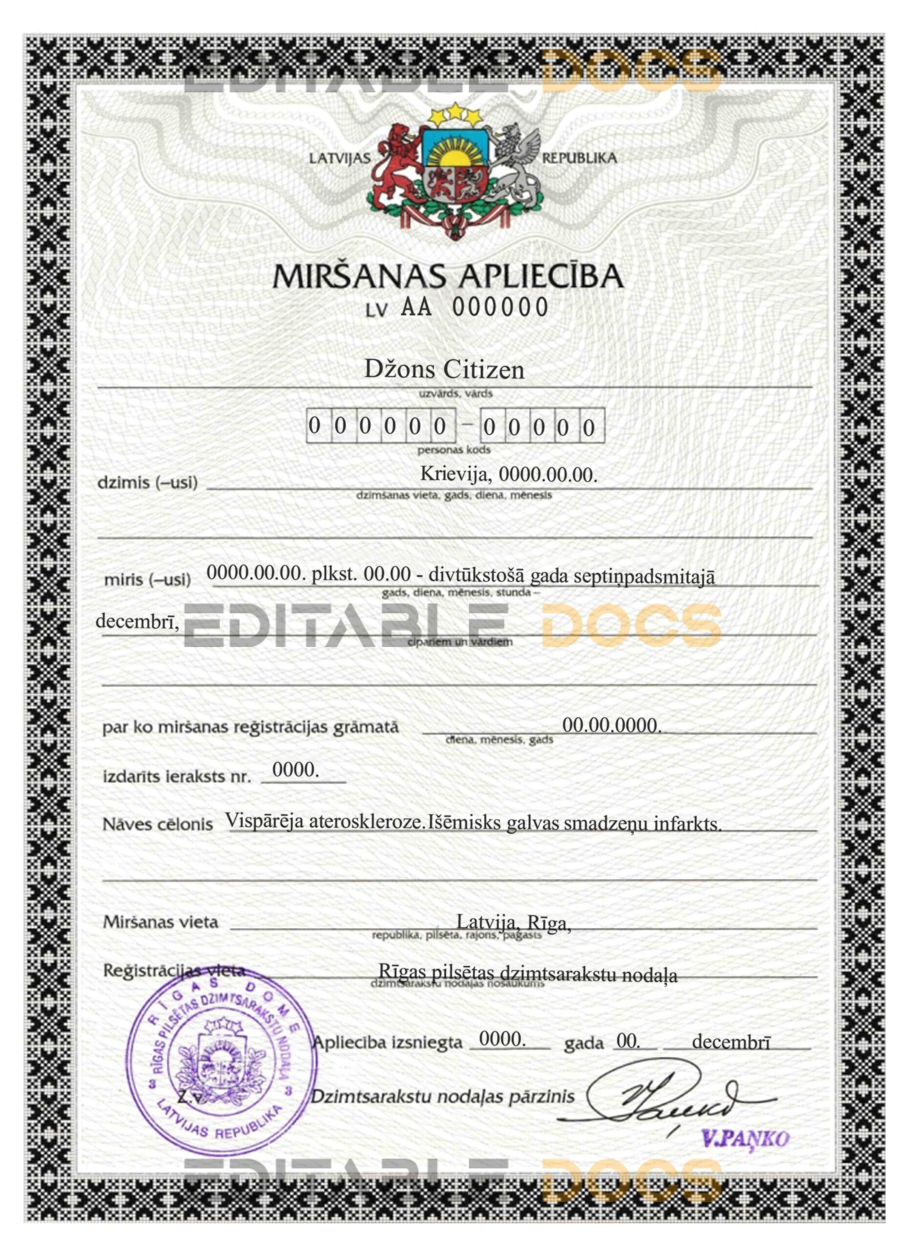 Customizable Latvia Death Certificate PSD Templates | Instant Download