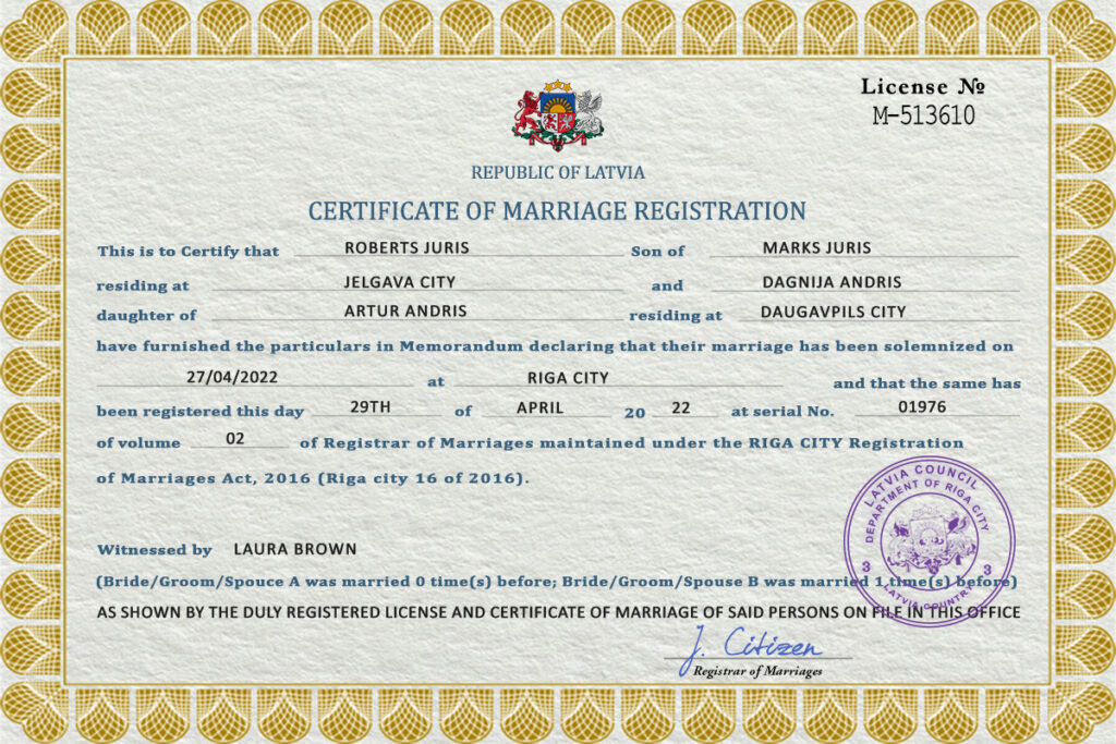 Latvia marriage certificate Word and PDF template, fully editable