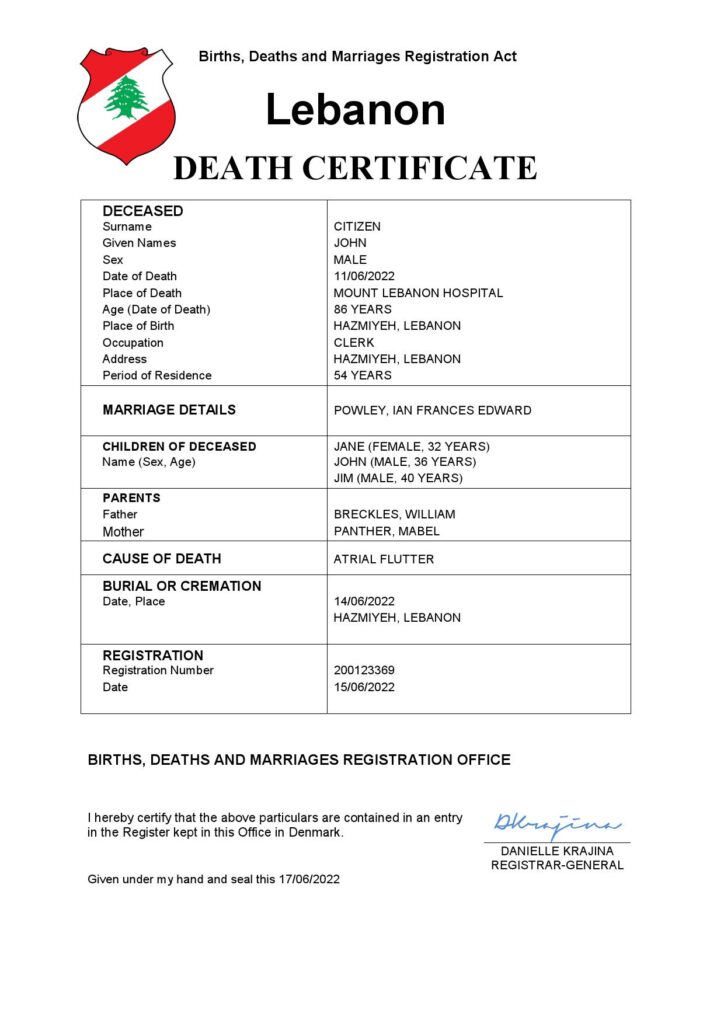 Lebanon death certificate Word and PDF template, completely editable