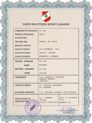 Lebanon vital record death certificate PSD template, completely editable