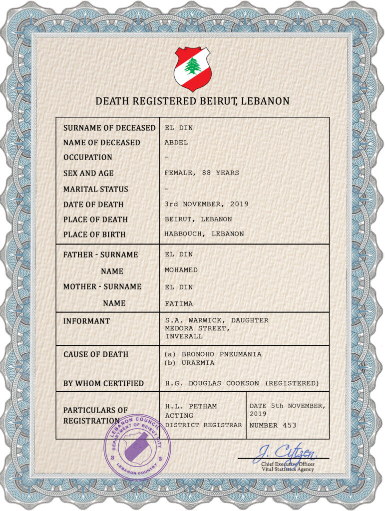 Lebanon vital record death certificate PSD template, completely editable