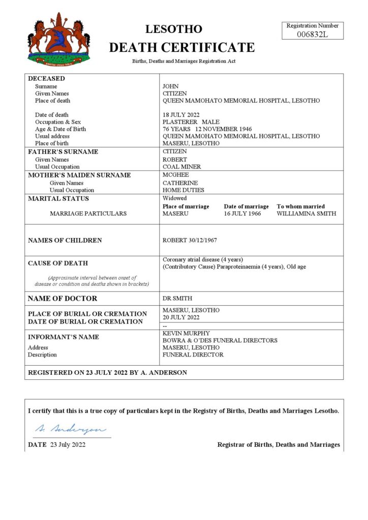 Lesotho vital record death certificate Word and PDF template