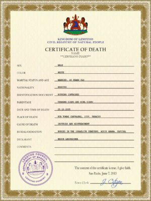 Lesotho vital record death certificate PSD template
