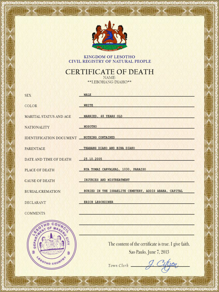 Lesotho vital record death certificate PSD template