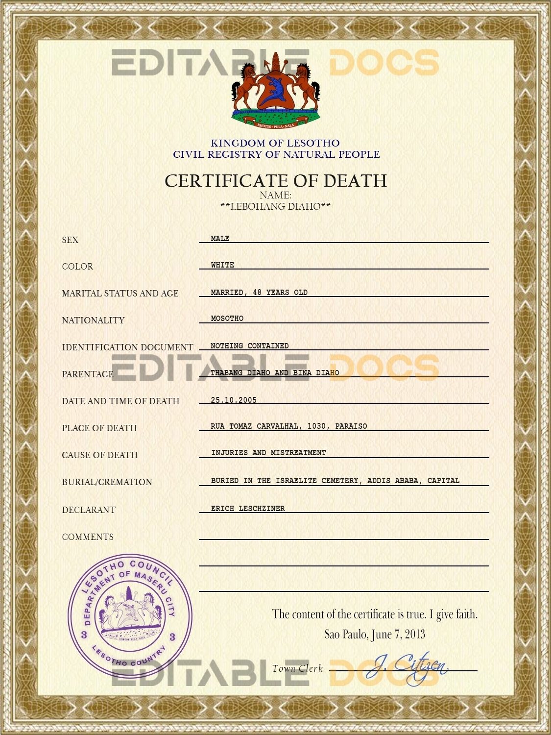 Customizable Lesotho Death Certificate PSD Templates | Instant Download