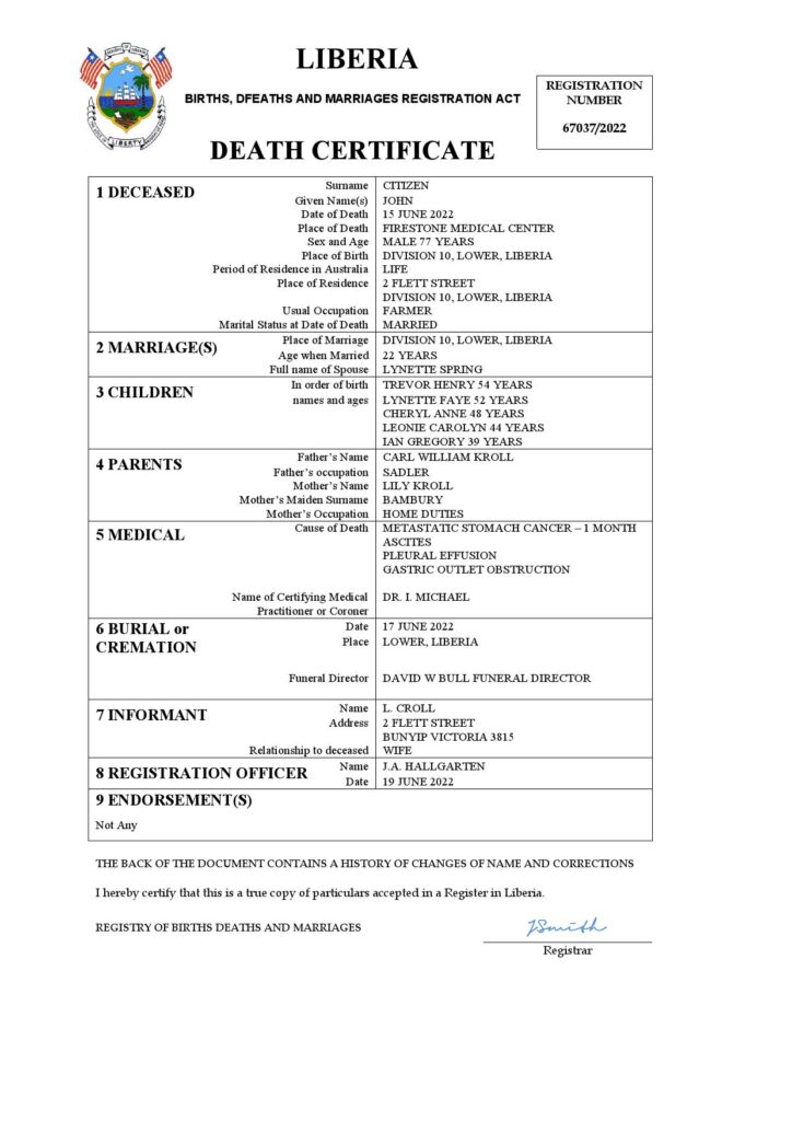 Liberia death certificate Word and PDF template, completely editable
