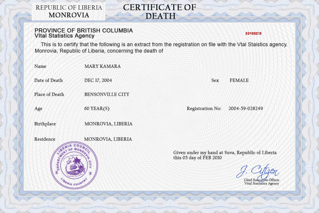 Liberia death certificate PSD template, completely editable