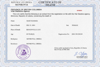 Liberia death certificate PSD template, completely editable