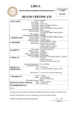 Libya death certificate Word and PDF template, completely editable