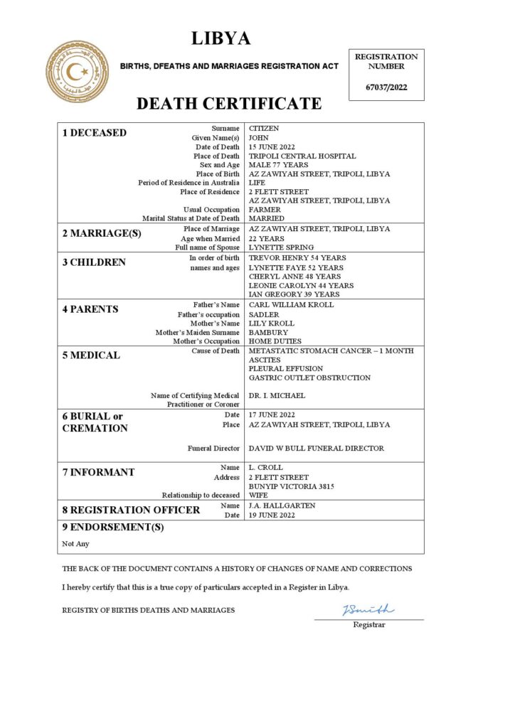 Libya death certificate Word and PDF template, completely editable