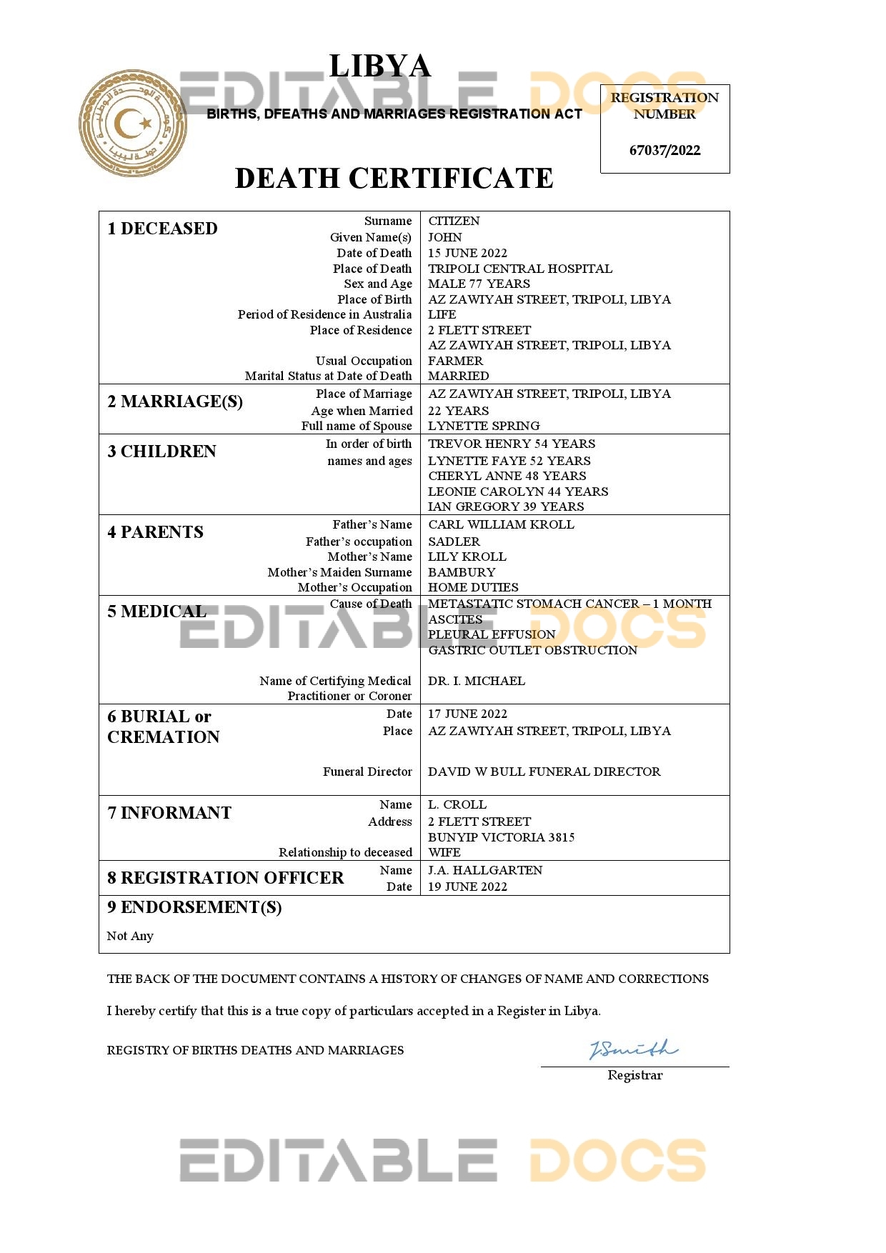 Fillable Libya Death PDF Templates | Blank Docs