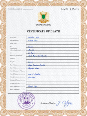 Libya vital record death certificate PSD template, fully editable