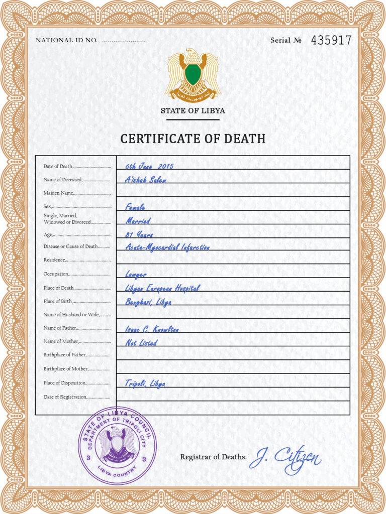 Libya vital record death certificate PSD template, fully editable