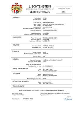 Liechtenstein vital record death certificate Word and PDF template