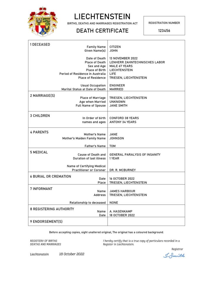 Liechtenstein vital record death certificate Word and PDF template