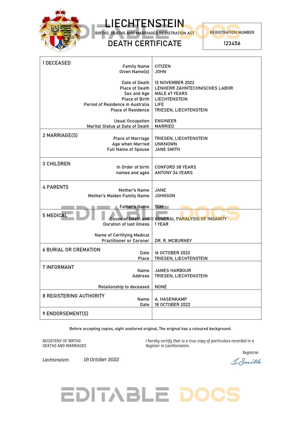 Fillable Liechtenstein Death PDF Templates | Blank Docs