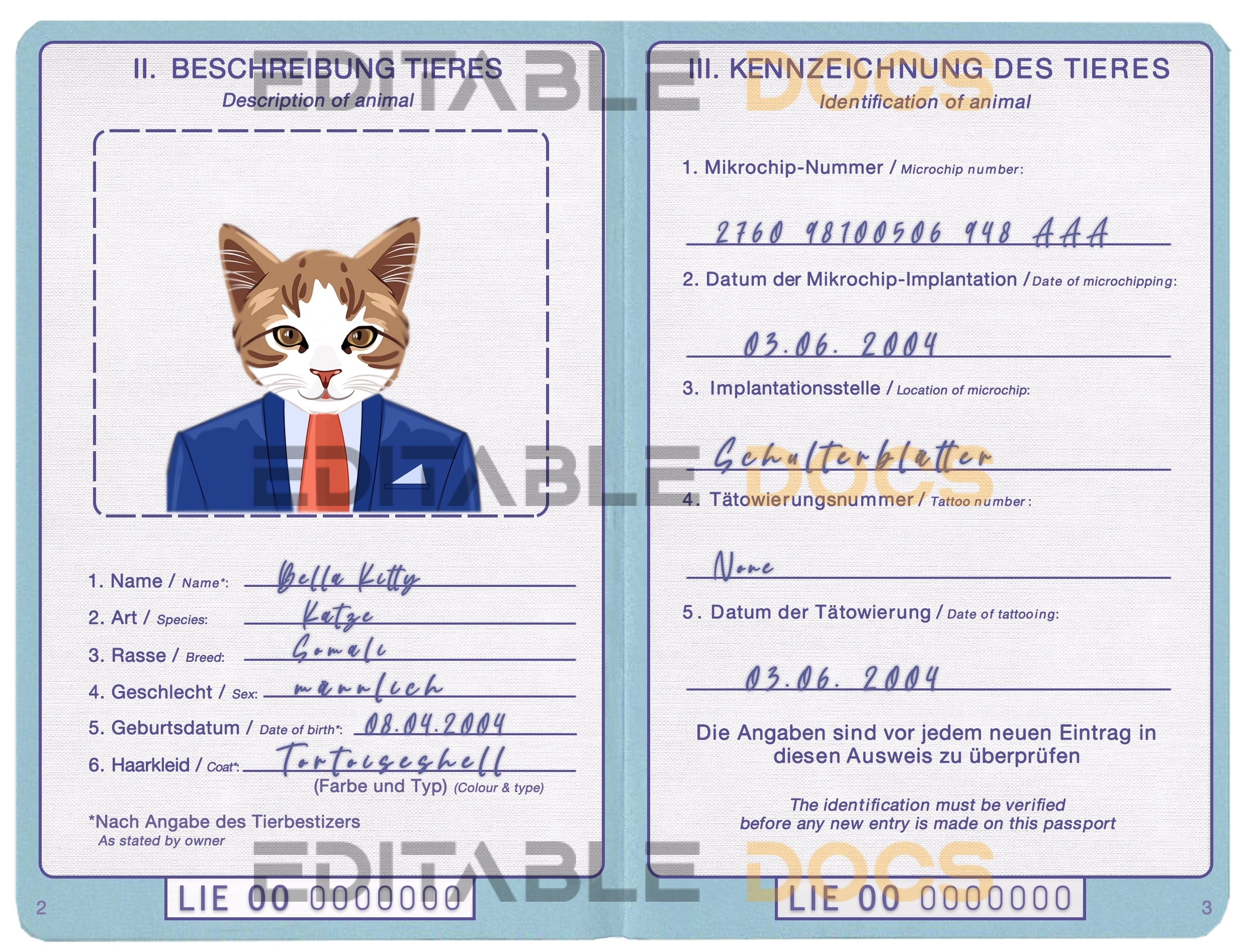 Liechtenstein cat Fake PSD Passport | Instant Download