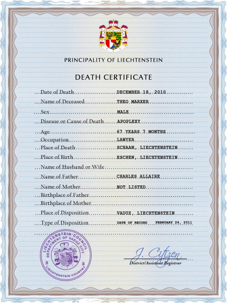 Liechtenstein vital record death certificate PSD template