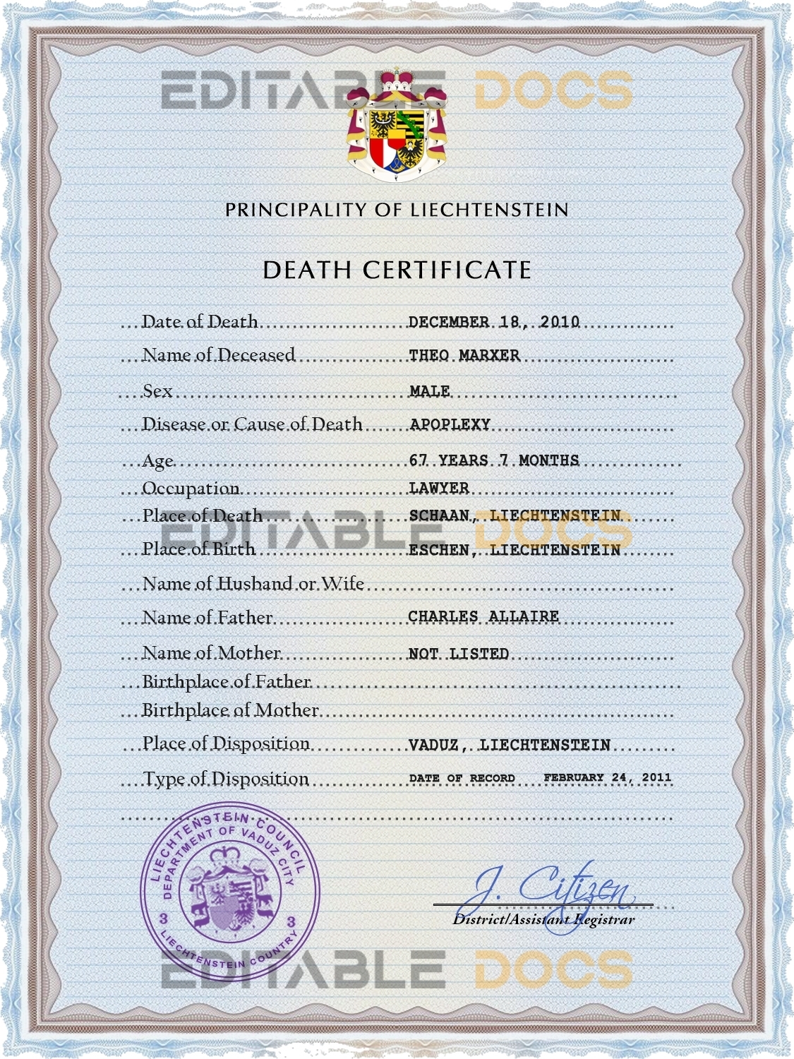 Customizable Liechtenstein Death Certificate PSD Templates | Instant Download