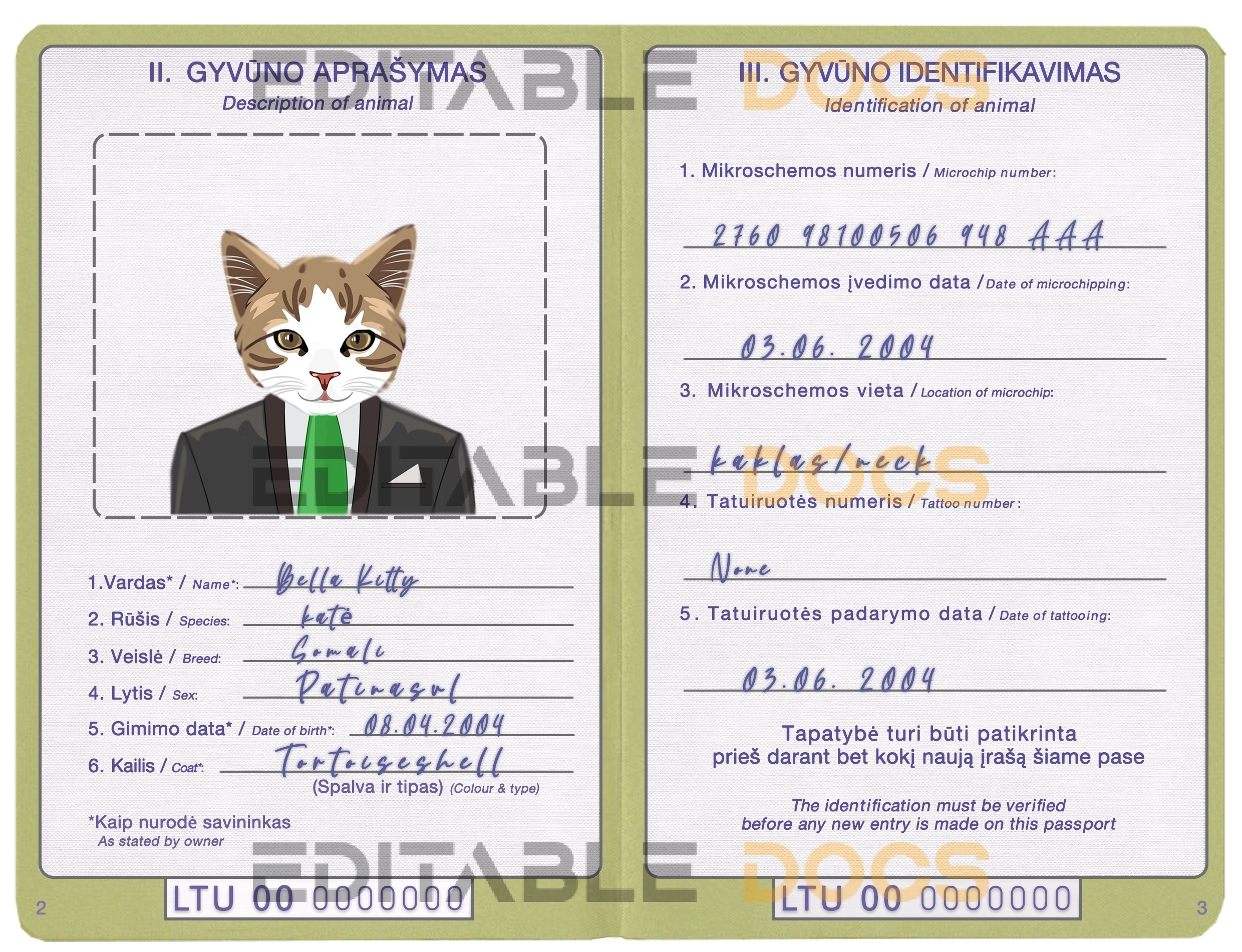 Lithuania cat Fake PSD Passport | Instant Download