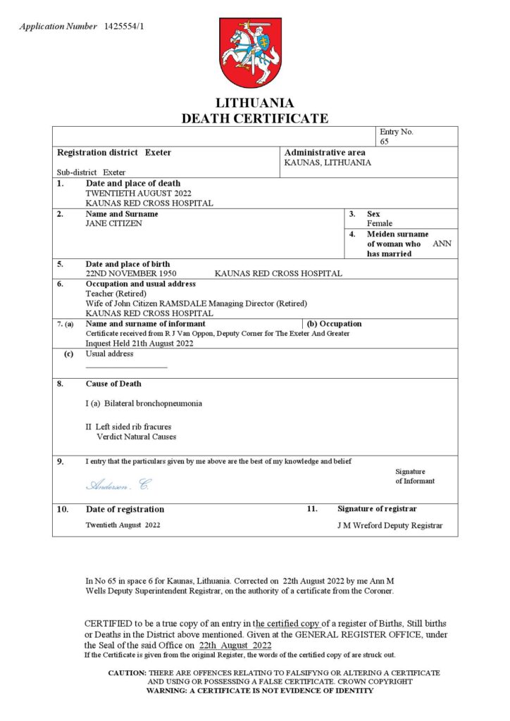 Lithuania vital record death certificate Word and PDF template