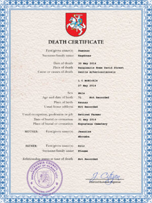 Lithuania death certificate PSD template, completely editable