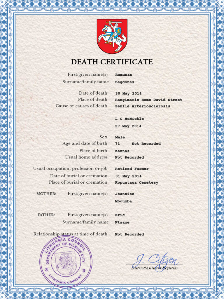 Lithuania death certificate PSD template, completely editable