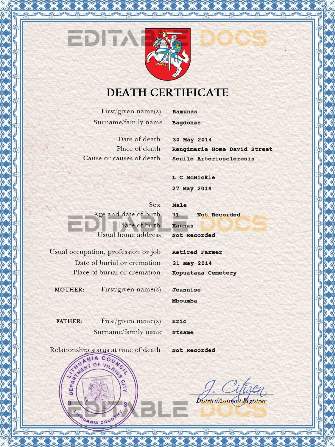 Customizable Lithuania Death Certificate PSD Templates | Instant Download