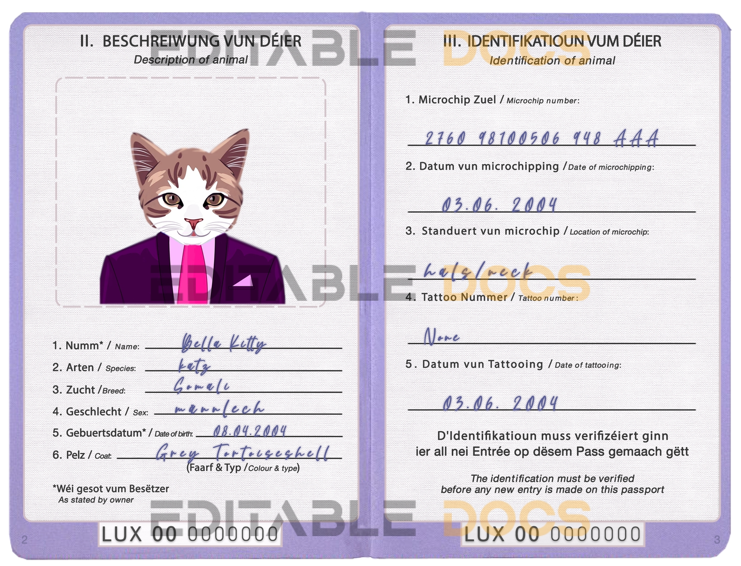 Luxembourg cat Fake PSD Passport | Instant Download