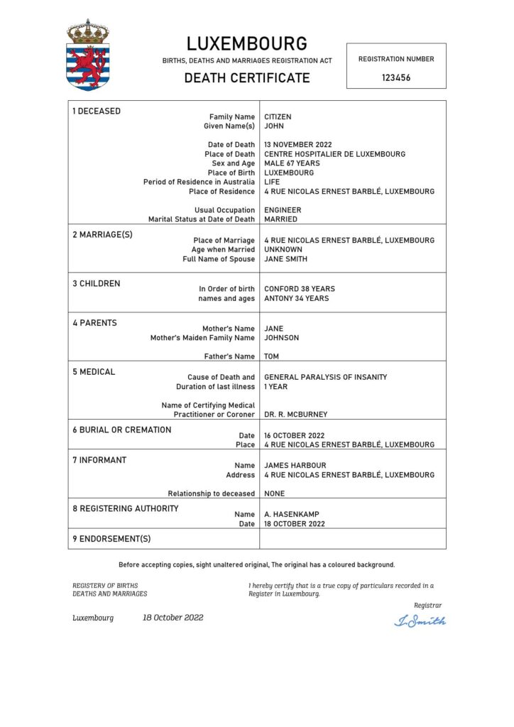Luxembourg death certificate Word and PDF template, completely editable