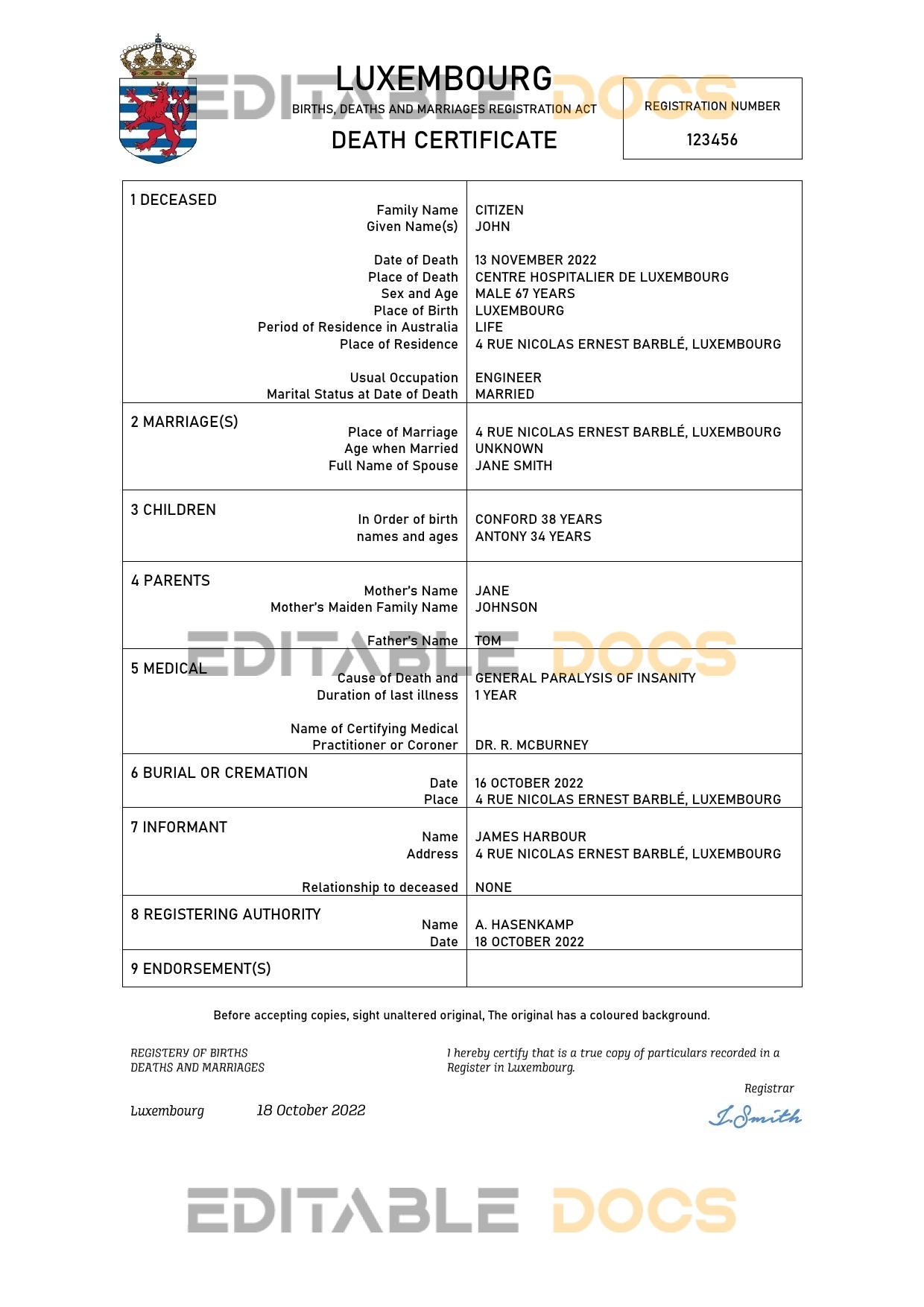 Fillable Luxembourg Death PDF Templates | Blank Docs