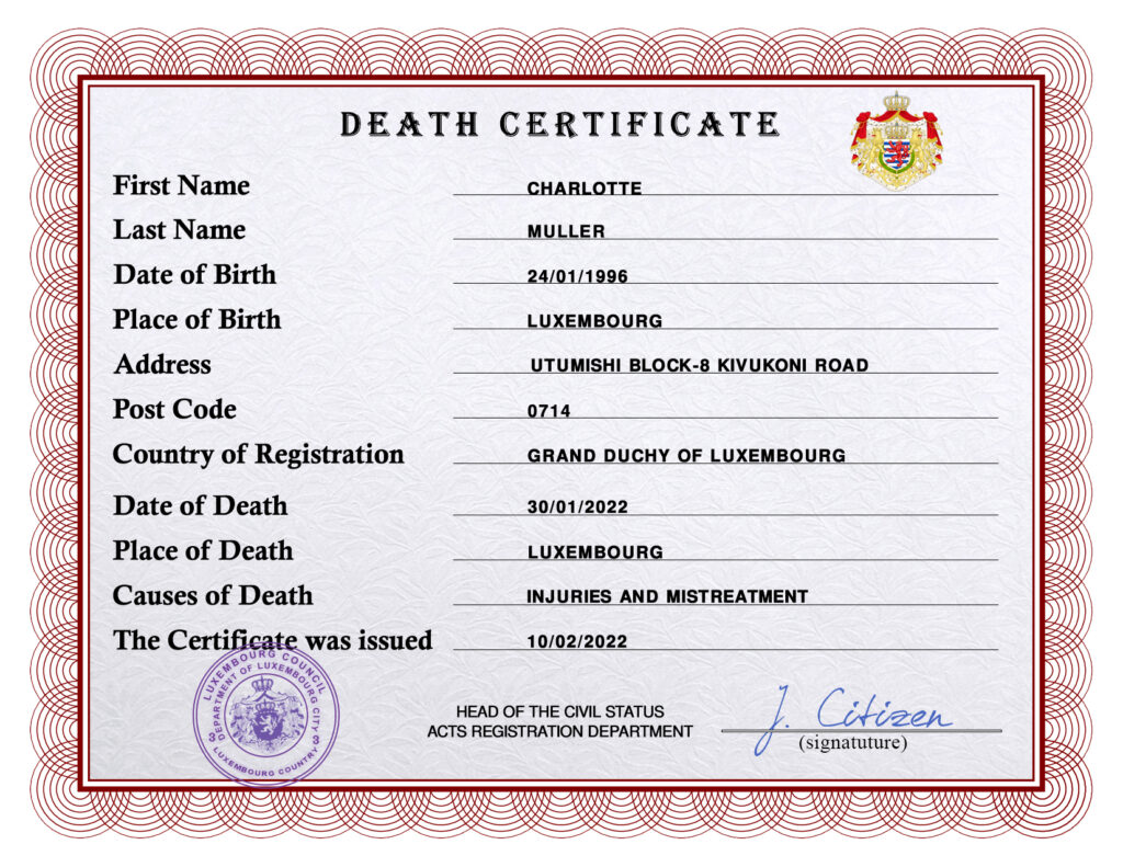 Luxembourg vital record death certificate PSD template