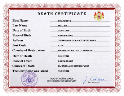 Luxembourg vital record death certificate PSD template