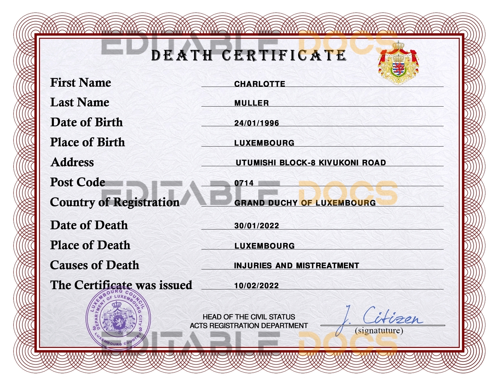 Customizable Luxembourg Death Certificate PSD Templates | Instant Download