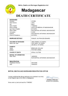 Madagascar vital record death certificate Word and PDF template