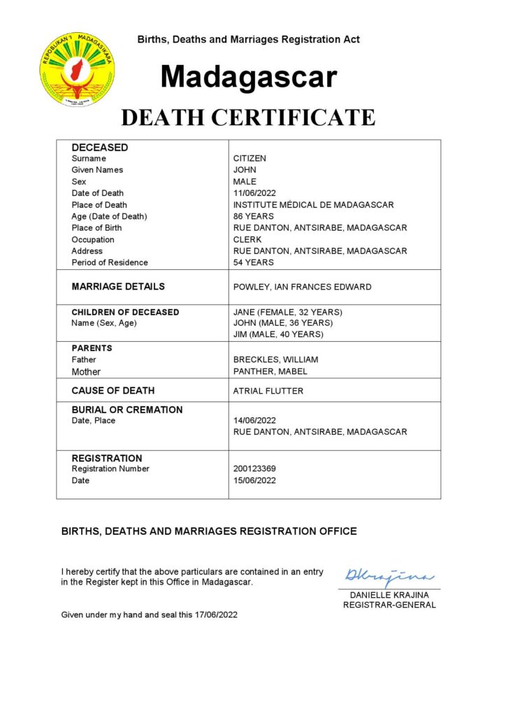 Madagascar vital record death certificate Word and PDF template