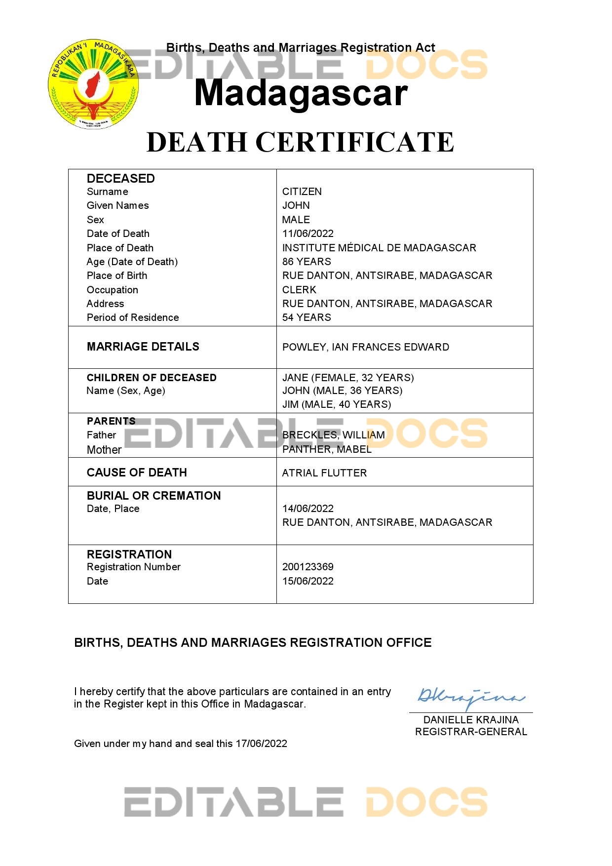 Fillable Madagascar Death PDF Templates | Blank Docs