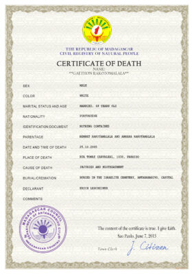 Madagascar vital record death certificate PSD template, fully editable