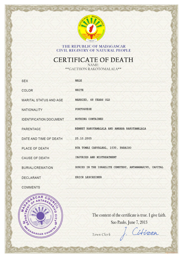 Madagascar vital record death certificate PSD template, fully editable