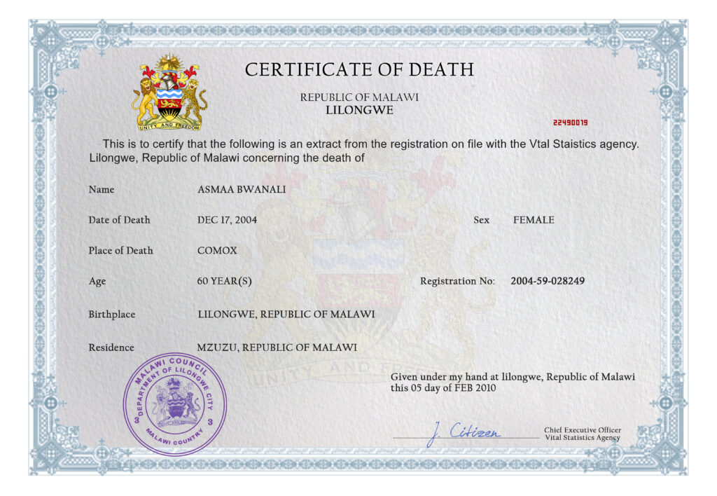 Malawi death certificate PSD template, completely editable