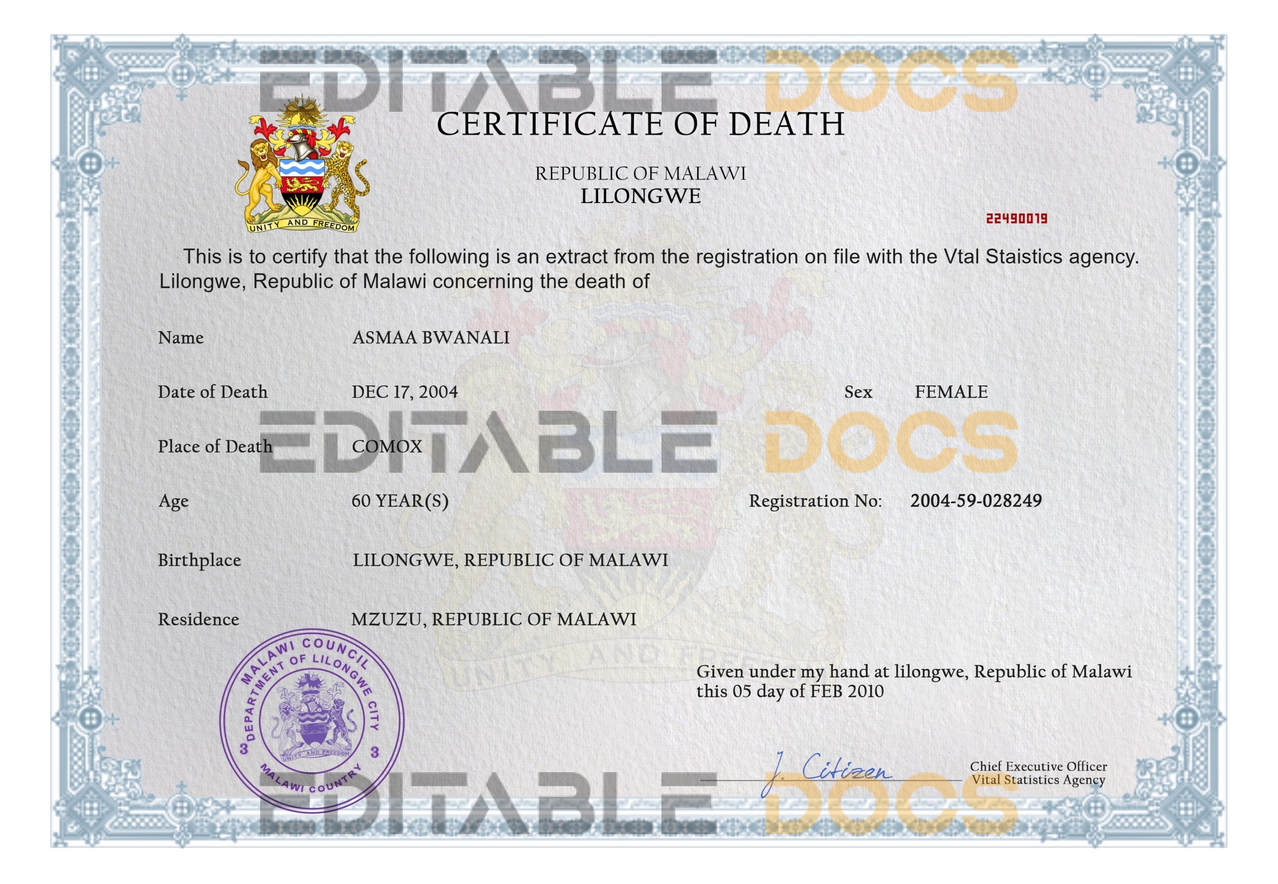 Customizable Malawi Death Certificate PSD Templates | Instant Download