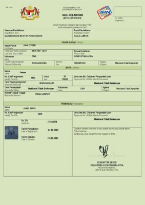 Malaysia birth certificate Word and PDF template, completely editable