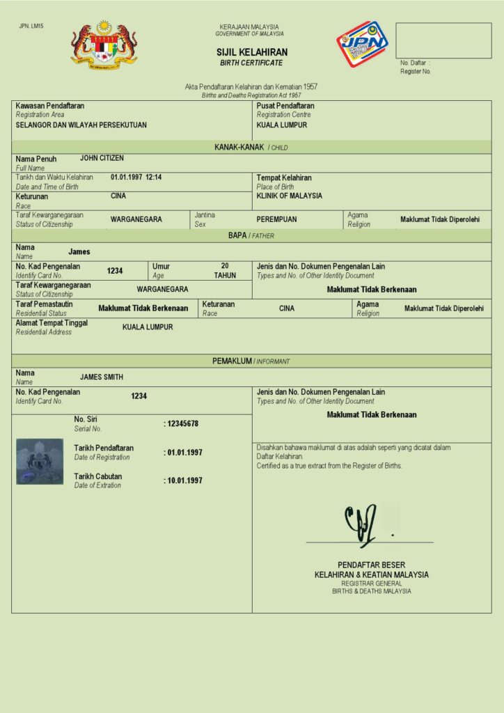 Malaysia birth certificate Word and PDF template, completely editable