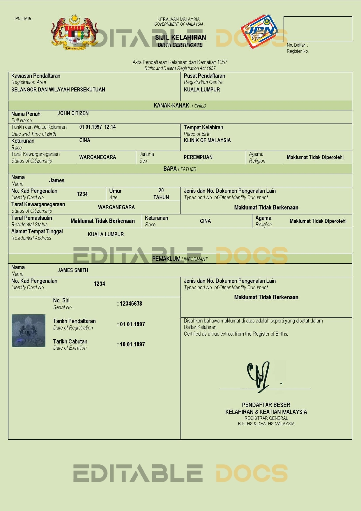 Authentic Malaysia Birth Certificate Template | Customize and Download Online