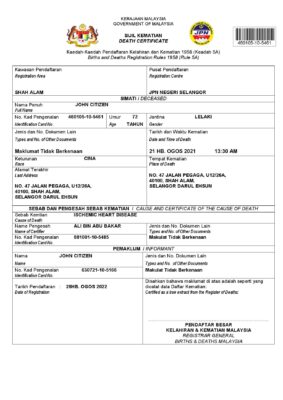 Malaysia death certificate Word and PDF template, completely editable