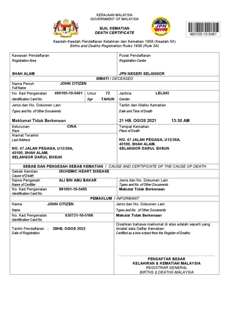 Malaysia death certificate Word and PDF template, completely editable