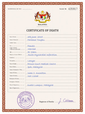 Malaysia death certificate PSD template, completely editable