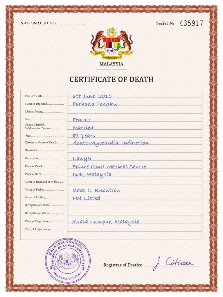 Malaysia death certificate PSD template, completely editable